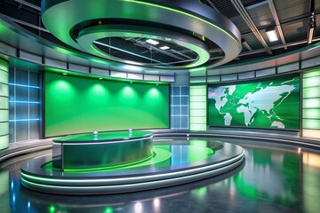 A futuristic TV studio features a massive curved green screen dominating the wall, providing a sleek and modern backdrop for professional news broadcasts.