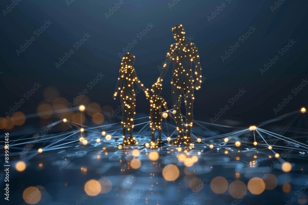 Poster family figures interacting in a digital high tech environment symbolizing connection technology and 