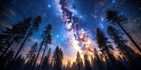 Breathtaking view of night sky with towering trees, stars, constellations, and galaxies, night sky, towering trees