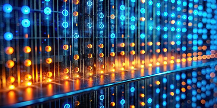 Abstract blue and orange lights with binary code on glass surface , technology, abstract, binary, lights, digital