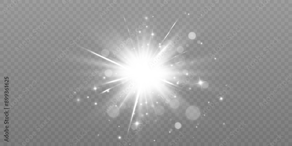 Poster Bright glow effect of glare. Bright sun with rays and glare. Vector light effect isolated on transparent background