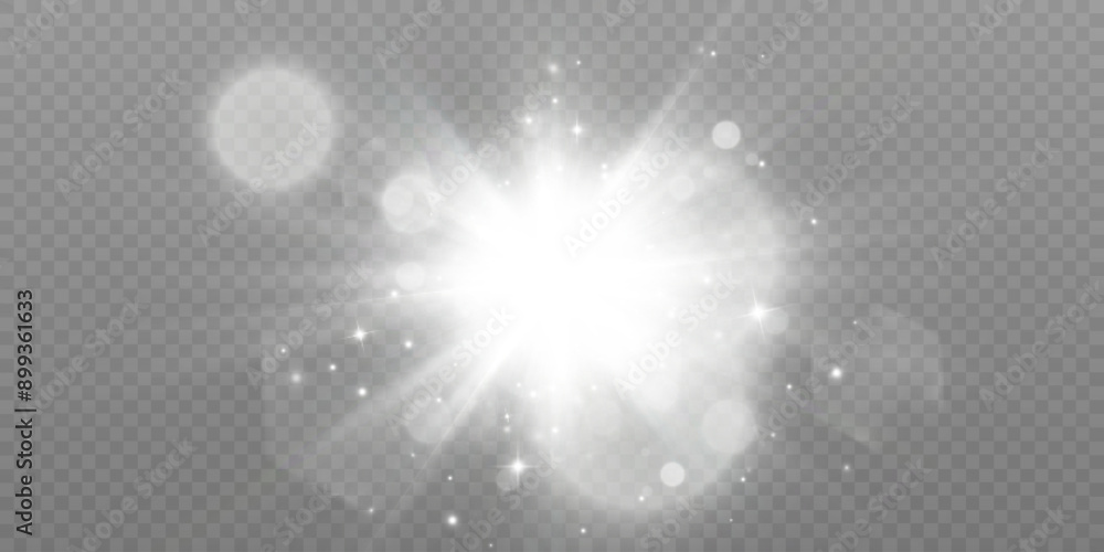 Poster Bright glow effect of glare. Bright sun with rays and glare. Vector light effect isolated on transparent background