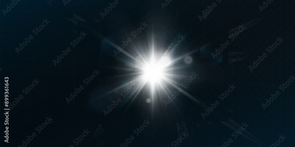 Poster Bright glow effect of glare. Bright sun with rays and glare. Vector light effect isolated on transparent background