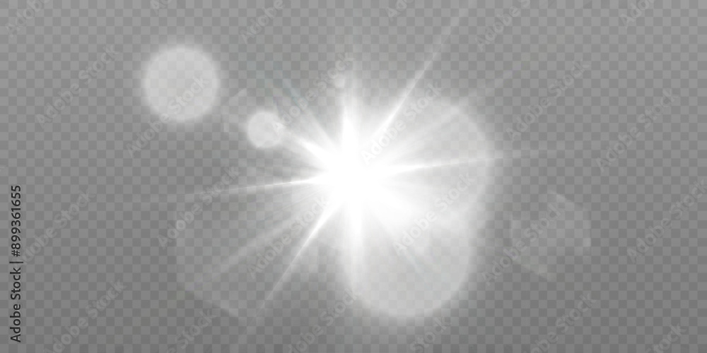 Poster Bright glow effect of glare. Bright sun with rays and glare. Vector light effect isolated on transparent background