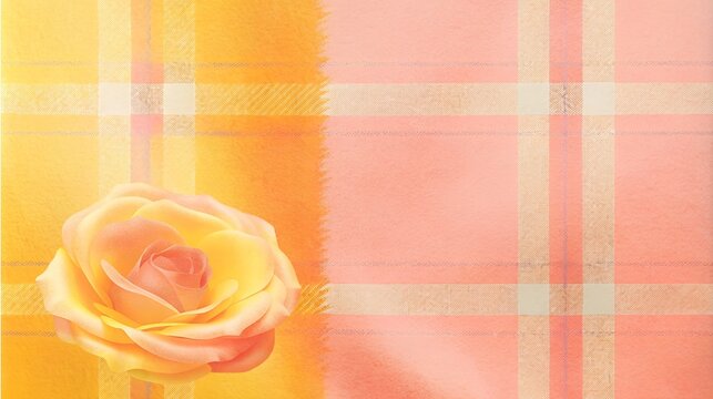 pastel yellow rose isolated on half yellow pink plaid background with copy space,beautiful rose isolated on scott clothing,yellow plaid,pink plaid,plaid texture