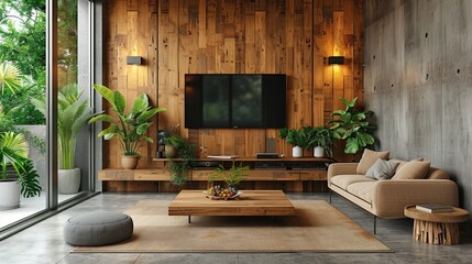 Modern Living Room with Wooden Walls