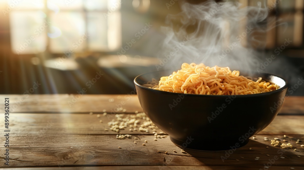 Poster a bowl of steaming instant noodles sits invitingly on a wooden table, releasing wisps of steam in th