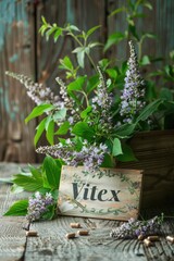 Vitex sacred flowers and capsules on the table. Selective focus.