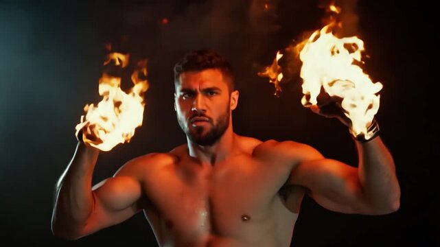 ecstatic man with burning fists making a combat motion. Concept of rage. heated altercation