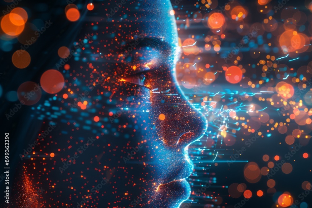 Poster face to face interaction in a neon lit high tech environment symbolizing connection technology and h