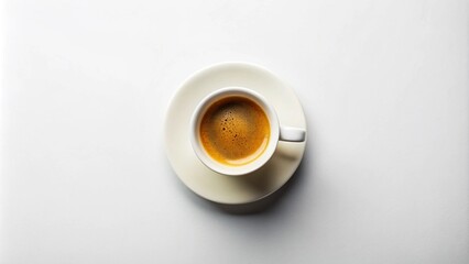 Overhead view of a single shot of espresso coffee in a white cup on a plain white background