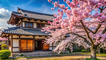 Fototapeta premium Beautiful house with Japanese cherry blossom tree in full bloom , Japanese, cherry blossom, tree, bloom, flowers, pink
