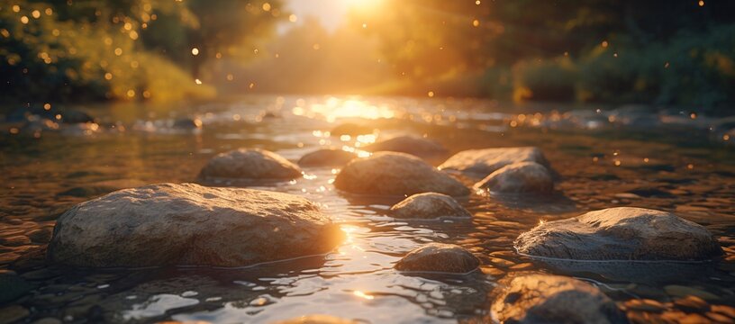 Tranquil scene of a riverbank during sunset, showcasing glimmering water and smooth pebbles. Perfect for nature lovers and landscape enthusiasts.