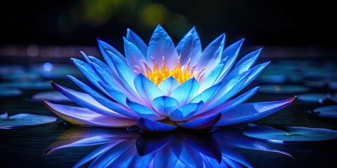 Bioluminescent blue water lily flower glowing in the night , water lily, blue lotus, bioluminescent, glowing, night, flower