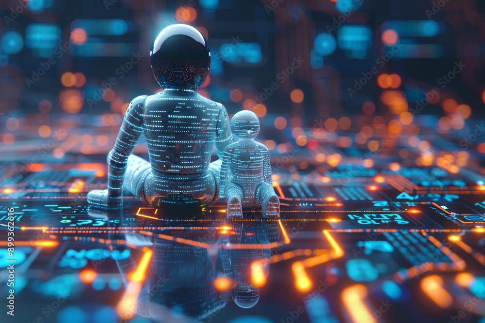 Aufkleber robotic and human interaction in a neon lit high tech environment symbolizing advanced technology an