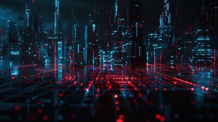Obraz premium Digital Cityscape in Vivid Red and Blue Hues