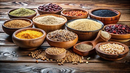 Assorted grains and seeds in wooden bowls on a table, whole grains, mixture, oats, wheat, healthy, breakfast, variety