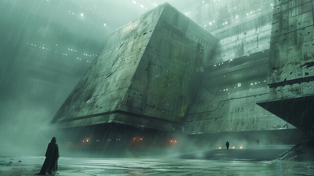 A hooded figure stands before a massive, brutalist structure in a dystopian, rain-soaked landscape, shrouded in fog