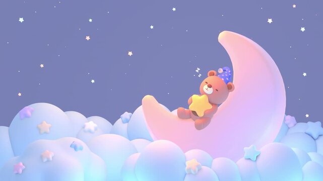 Looped kawaii sleepy bear lying on the moon animation.