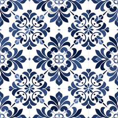 Traditional symmetrical blue and white floral tile design on white background. For tiling applications in interior, bathroom , kitchen, in home decor, cushions, wallpapers.