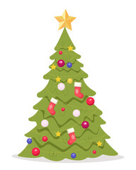 Festive Christmas tree in flat style. Decorated green pine tree with Xmas balls, star and socks. Happy New Year concept