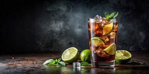 Glass of cold cuba libre cocktail with lime and ice cubes on dark background, cuba libre, cocktail, glass, drink, cold