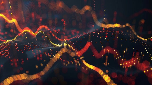 dynamic scatter plot illustrating a robust positive correlation between stock prices and trading volume, featuring red and yellow data points highlighting increased investor activity