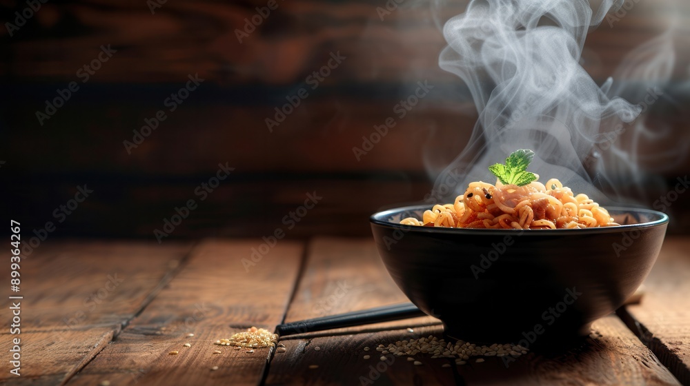 Poster a bowl of steaming instant noodles sits on a wooden table, inviting viewers with its savory aroma an