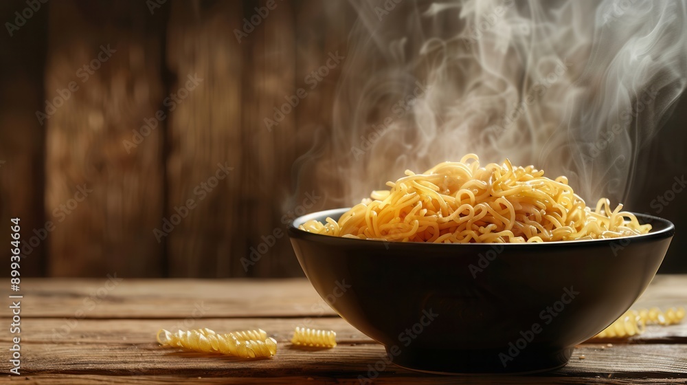 Poster a steaming bowl of instant noodles emits delicious aromas, inviting warmth on a rustic wooden table.