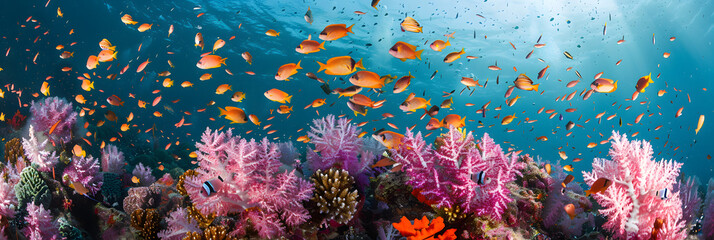 Vibrant coral reef teeming with colorful fish