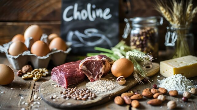 Choline is found in foods. Selective focus.