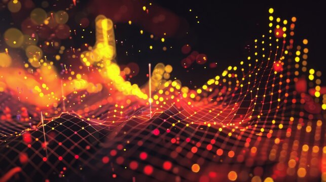 dynamic scatter plot illustrating a robust positive correlation between stock prices and trading volume, featuring red and yellow data points highlighting increased investor activity