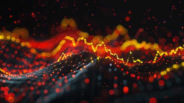 dynamic scatter plot illustrating a robust positive correlation between stock prices and trading volume, featuring red and yellow data points highlighting increased investor activity