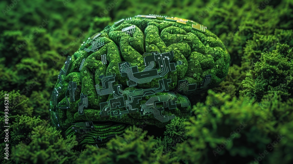Poster a symbolic illustration of a green brain icon filled with digital circuits, illustrating the concept