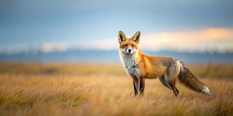 Fox standing gracefully in a vast prairie landscape, wildlife, animal, nature, prairie, grassland, red fox, fur, beauty