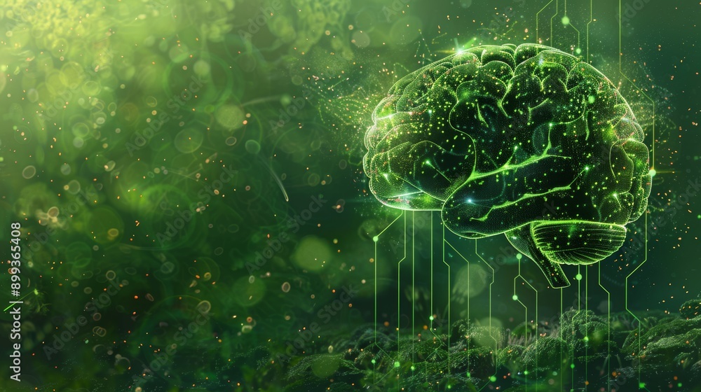 Poster an artistic illustration of a green brain with circuitry patterns, symbolizing the intelligence and 