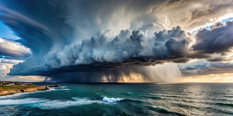 Dramatic image of sea squalls approaching a coastal area, stormy, weather, ocean, clouds, dramatic, threatening, waves, wind