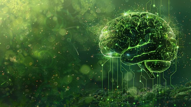 An artistic illustration of a green brain with circuitry patterns, symbolizing the intelligence and efficiency of AI in ecological solutions.