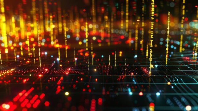 dynamic scatter plot illustrating a robust positive correlation between stock prices and trading volume, featuring red and yellow data points highlighting increased investor activity