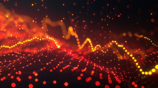 dynamic scatter plot illustrating a robust positive correlation between stock prices and trading volume, featuring red and yellow data points highlighting increased investor activity