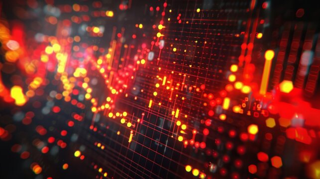 dynamic scatter plot illustrating a robust positive correlation between stock prices and trading volume, featuring red and yellow data points highlighting increased investor activity
