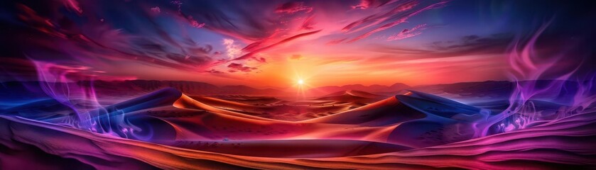 Sand dunes under a blazing sun with a distant mirage, Psychedelic, Neon hues, Watercolor