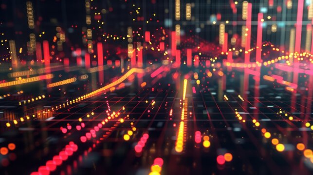 dynamic scatter plot illustrating a robust positive correlation between stock prices and trading volume, featuring red and yellow data points highlighting increased investor activity