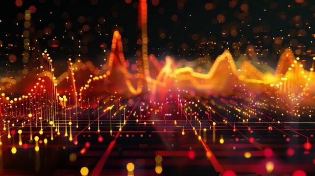 dynamic scatter plot illustrating a robust positive correlation between stock prices and trading volume, featuring red and yellow data points highlighting increased investor activity