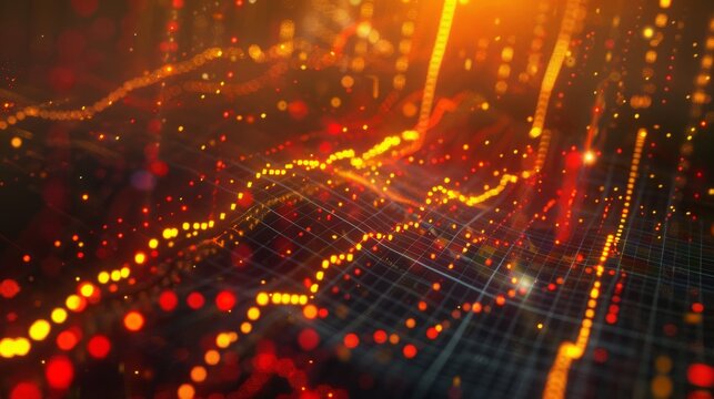 dynamic scatter plot illustrating a robust positive correlation between stock prices and trading volume, featuring red and yellow data points highlighting increased investor activity