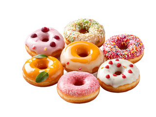Isolated fruit flavor donuts on transparent background. Breakfast and snacks concept
