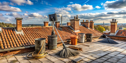 Rusty chimney sweep brushes and vacuum cleaners lie scattered on the rooftop, surrounded by soot-stained tiles, awaiting the sweeper's return from a cleaning task.