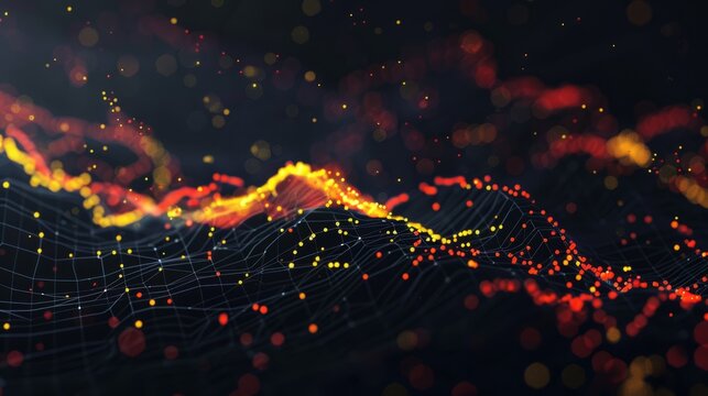 dynamic scatter plot illustrating a robust positive correlation between stock prices and trading volume, featuring red and yellow data points highlighting increased investor activity