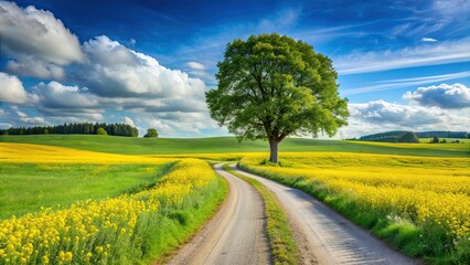 Fototapeta premium Country road winding through field of green and yellow flowers, lone tree, forest in distance, country road, field, flowers
