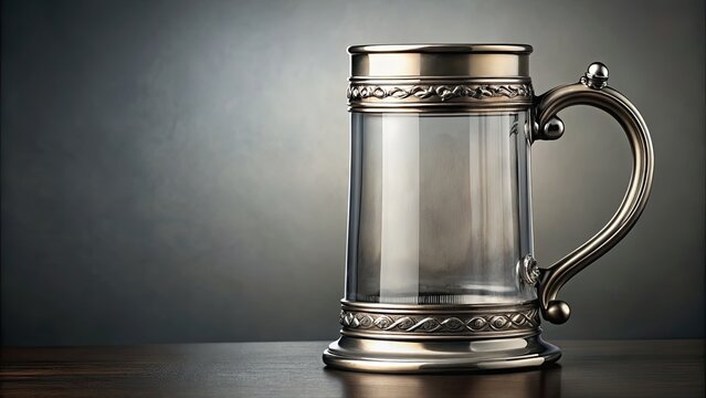 Chilled glass tankard with sculpted pewter rims and ornate handle , stock photo, glassware, tankard, pewter, chilled